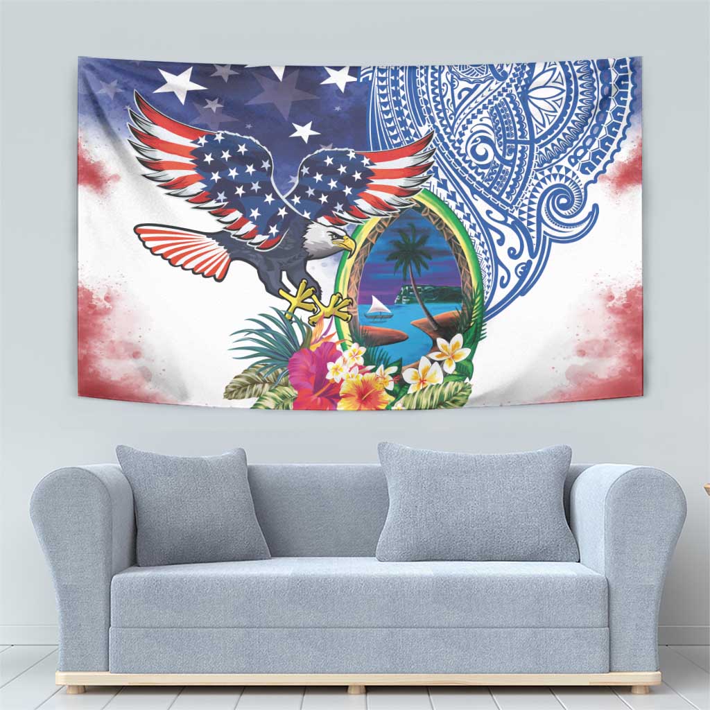 Guam and United States Together Tapestry Bald Eagle and Guam Seal with Flower and Tribal Tattoos LT03 - Polynesian Pride