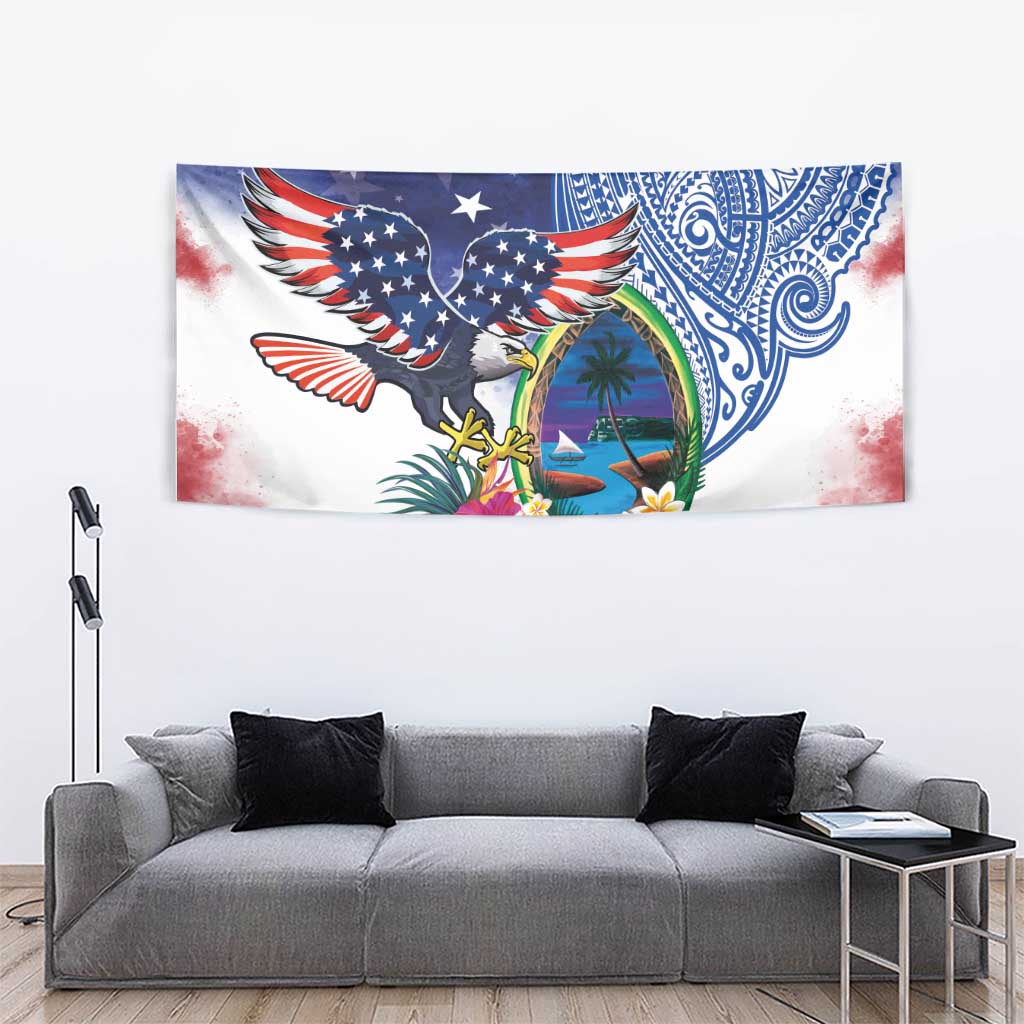 Guam and United States Together Tapestry Bald Eagle and Guam Seal with Flower and Tribal Tattoos LT03 - Polynesian Pride
