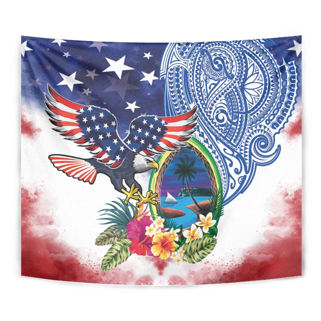 Guam and United States Together Tapestry Bald Eagle and Guam Seal with Flower and Tribal Tattoos LT03 - Polynesian Pride