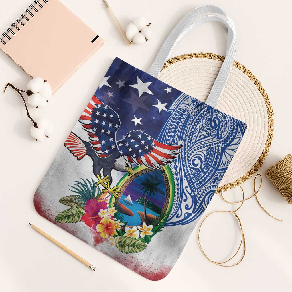 Guam and United States Together Tote Bag Bald Eagle and Guam Seal with Flower and Tribal Tattoos LT03 White Strap One Size Multicolor - Polynesian Pride