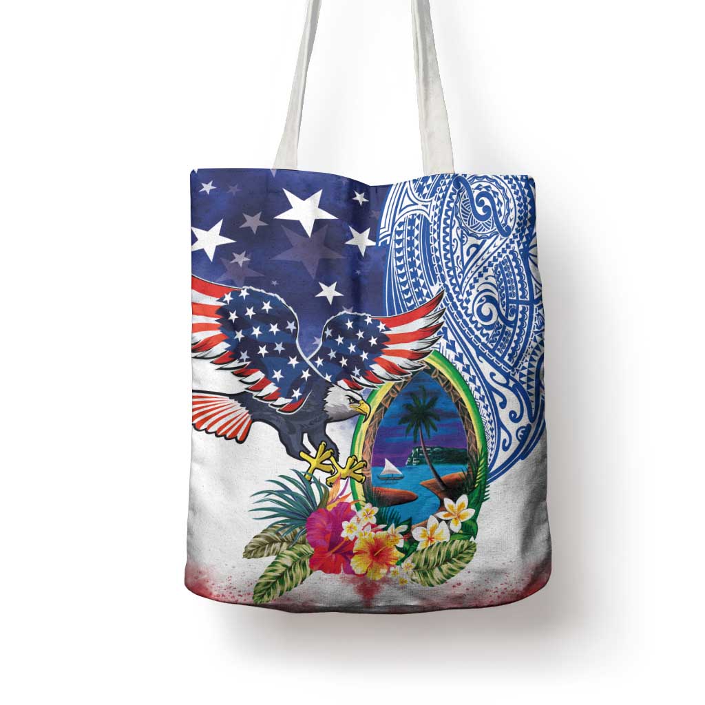 Guam and United States Together Tote Bag Bald Eagle and Guam Seal with Flower and Tribal Tattoos LT03 - Polynesian Pride