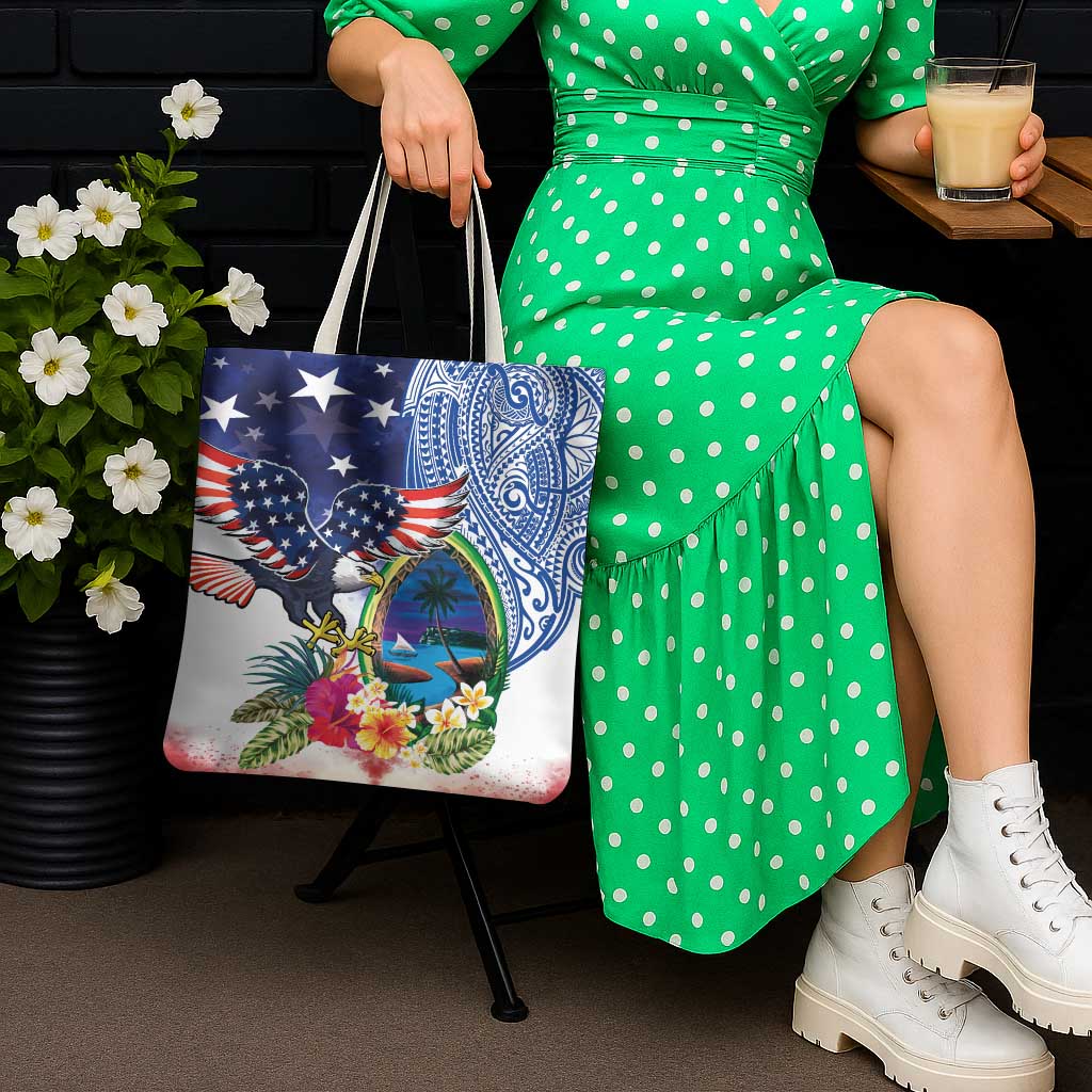 Guam and United States Together Tote Bag Bald Eagle and Guam Seal with Flower and Tribal Tattoos LT03 - Polynesian Pride