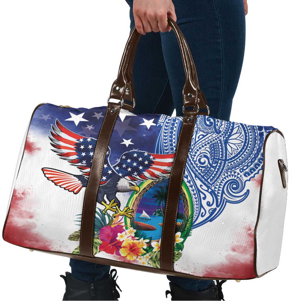 Guam and United States Together Travel Bag Bald Eagle and Guam Seal with Flower and Tribal Tattoos LT03 - Polynesian Pride