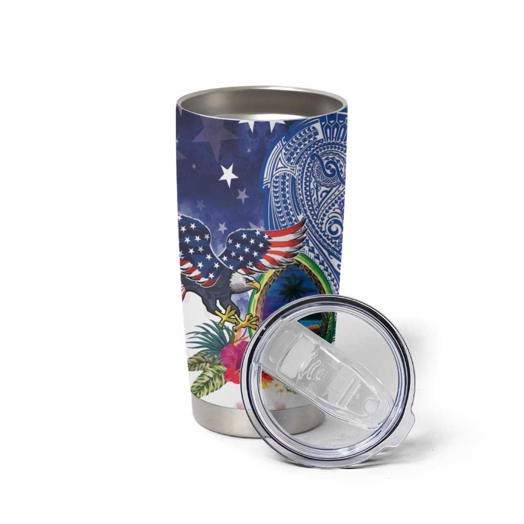 Guam and United States Together Tumbler Cup Bald Eagle and Guam Seal with Flower and Tribal Tattoos LT03 - Polynesian Pride