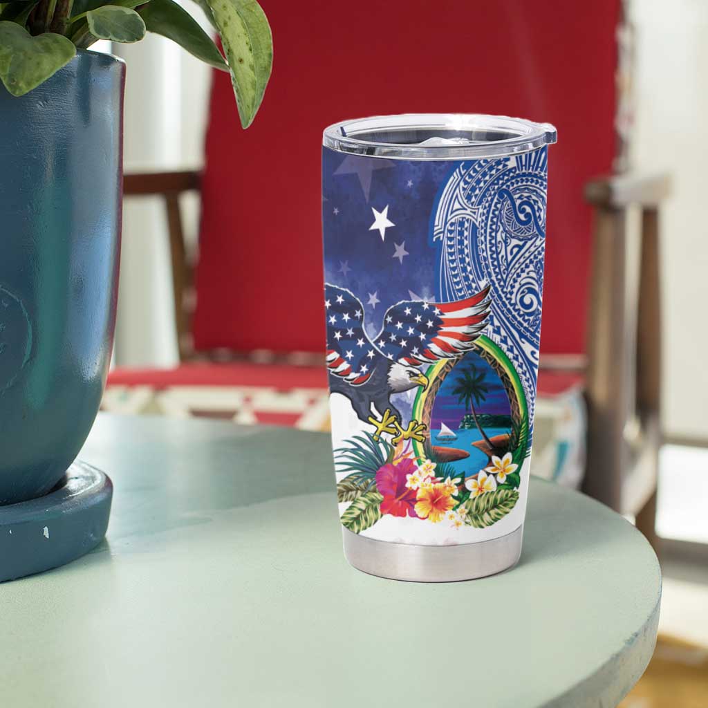 Guam and United States Together Tumbler Cup Bald Eagle and Guam Seal with Flower and Tribal Tattoos LT03 - Polynesian Pride