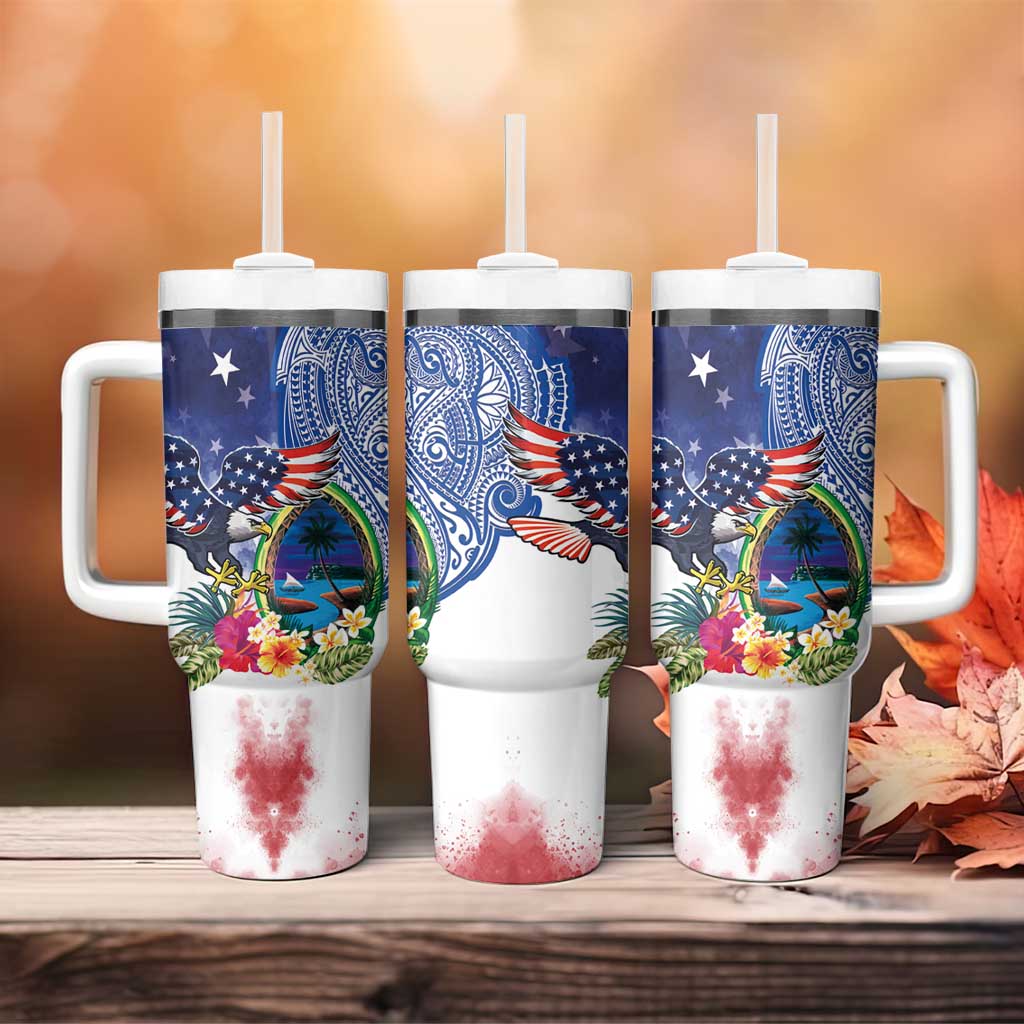 Guam and United States Together Tumbler With Handle Bald Eagle and Guam Seal with Flower and Tribal Tattoos LT03 - Polynesian Pride