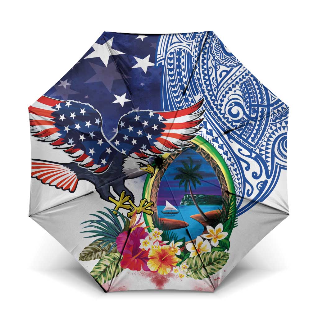 Guam and United States Together Umbrella Bald Eagle and Guam Seal with Flower and Tribal Tattoos LT03 One Size Folded 11.42 inch Opened Diameter 37.4 inch Multicolor - Polynesian Pride