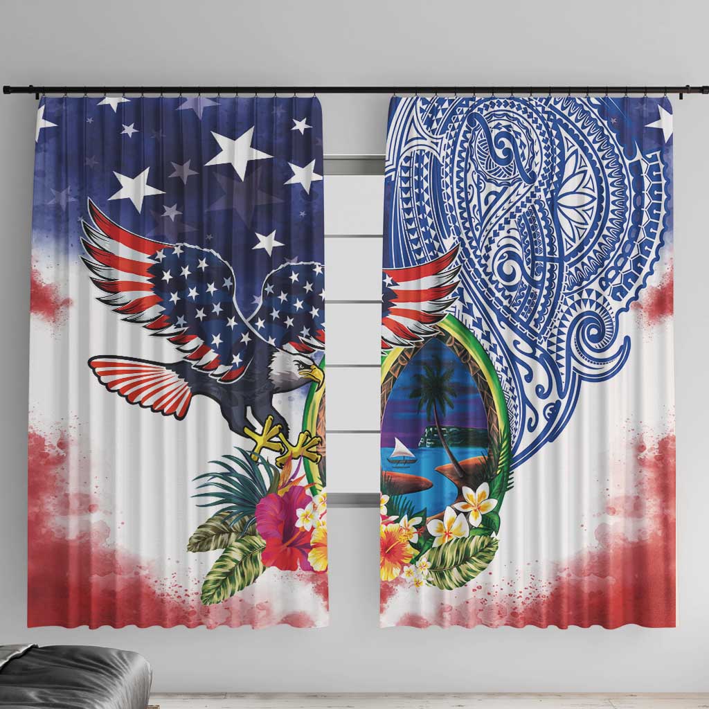 Guam and United States Together Window Curtain Bald Eagle and Guam Seal with Flower and Tribal Tattoos LT03 With Hooks Multicolor - Polynesian Pride