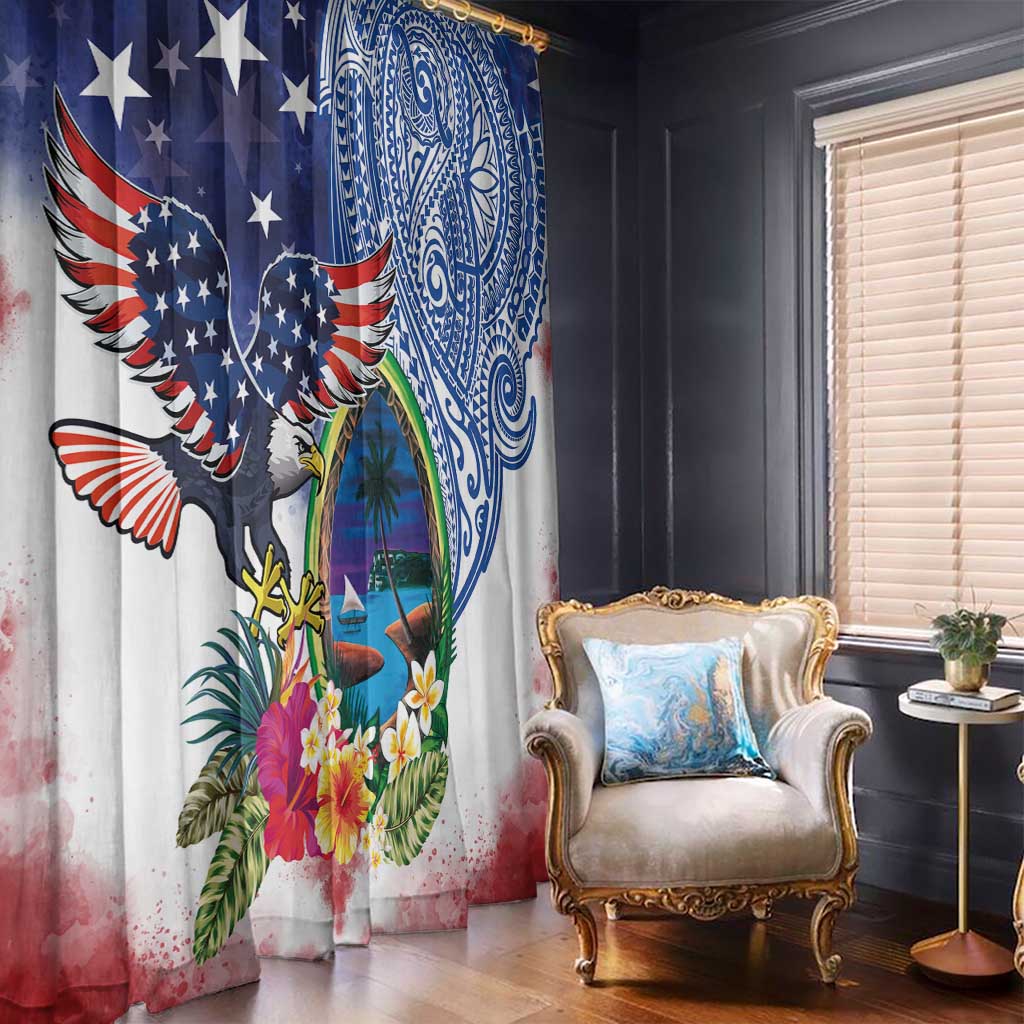 Guam and United States Together Window Curtain Bald Eagle and Guam Seal with Flower and Tribal Tattoos LT03 - Polynesian Pride