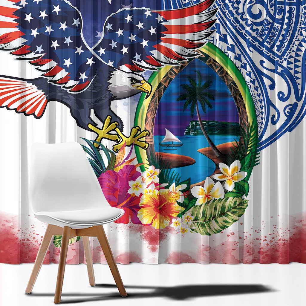 Guam and United States Together Window Curtain Bald Eagle and Guam Seal with Flower and Tribal Tattoos LT03 - Polynesian Pride