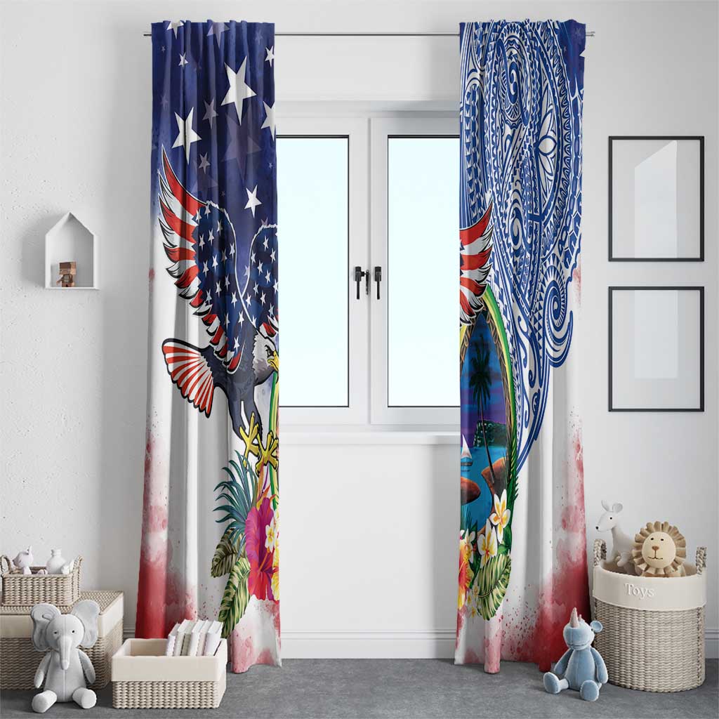 Guam and United States Together Window Curtain Bald Eagle and Guam Seal with Flower and Tribal Tattoos LT03 - Polynesian Pride