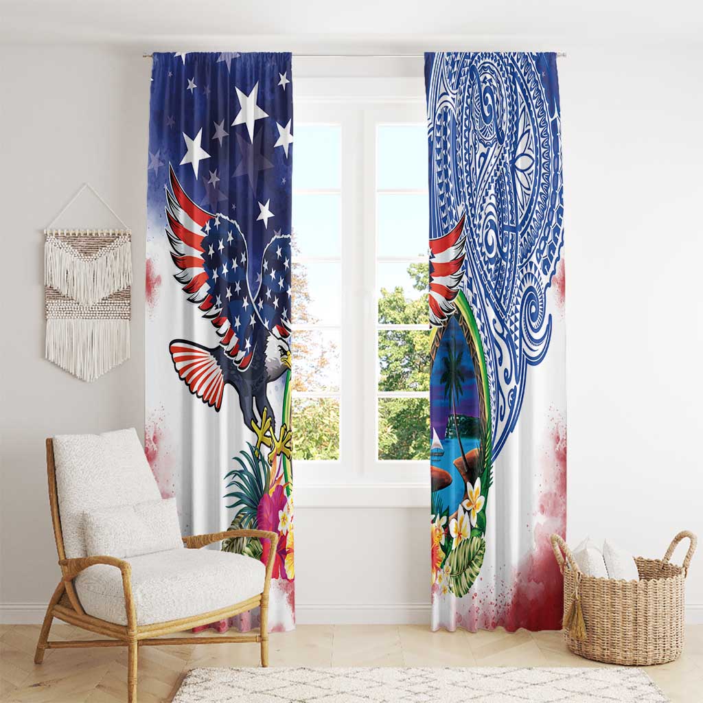 Guam and United States Together Window Curtain Bald Eagle and Guam Seal with Flower and Tribal Tattoos LT03 - Polynesian Pride