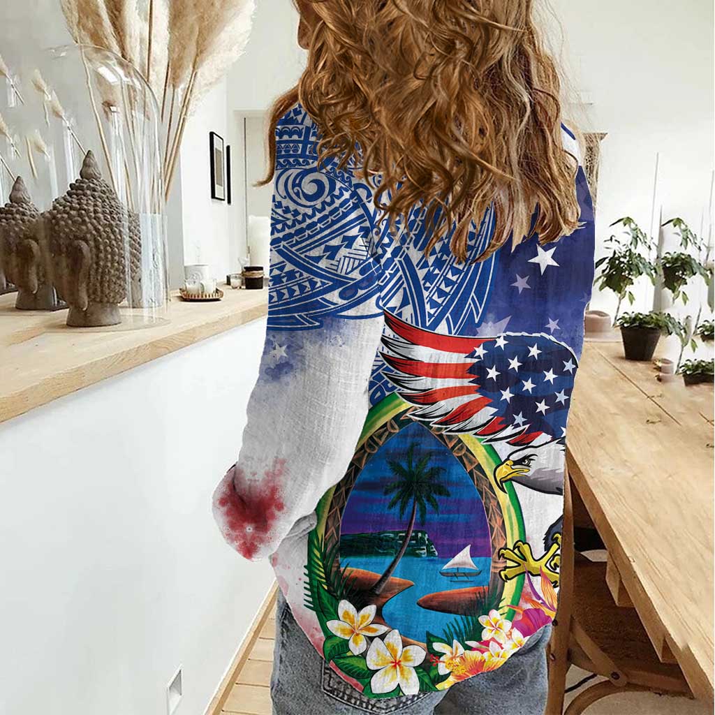 Guam and United States Together Women Casual Shirt Bald Eagle and Guam Seal with Flower and Tribal Tattoos LT03 - Polynesian Pride