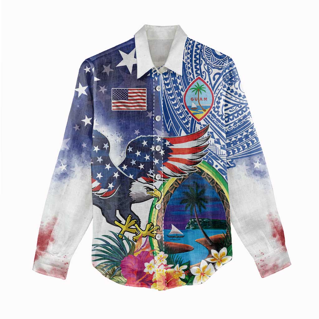 Guam and United States Together Women Casual Shirt Bald Eagle and Guam Seal with Flower and Tribal Tattoos LT03 - Polynesian Pride