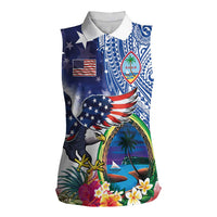 Guam and United States Together Women Sleeveless Polo Shirt Bald Eagle and Guam Seal with Flower and Tribal Tattoos LT03 Female Multicolor - Polynesian Pride