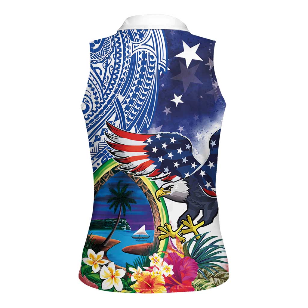 Guam and United States Together Women Sleeveless Polo Shirt Bald Eagle and Guam Seal with Flower and Tribal Tattoos LT03 - Polynesian Pride