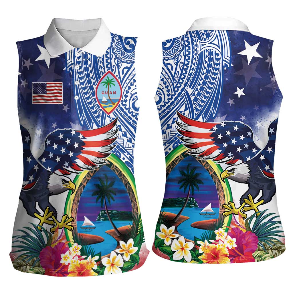 Guam and United States Together Women Sleeveless Polo Shirt Bald Eagle and Guam Seal with Flower and Tribal Tattoos LT03 - Polynesian Pride