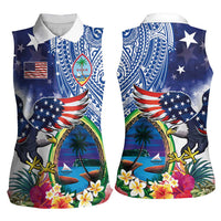 Guam and United States Together Women Sleeveless Polo Shirt Bald Eagle and Guam Seal with Flower and Tribal Tattoos LT03 - Polynesian Pride