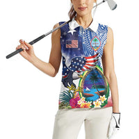 Guam and United States Together Women Sleeveless Polo Shirt Bald Eagle and Guam Seal with Flower and Tribal Tattoos LT03 - Polynesian Pride