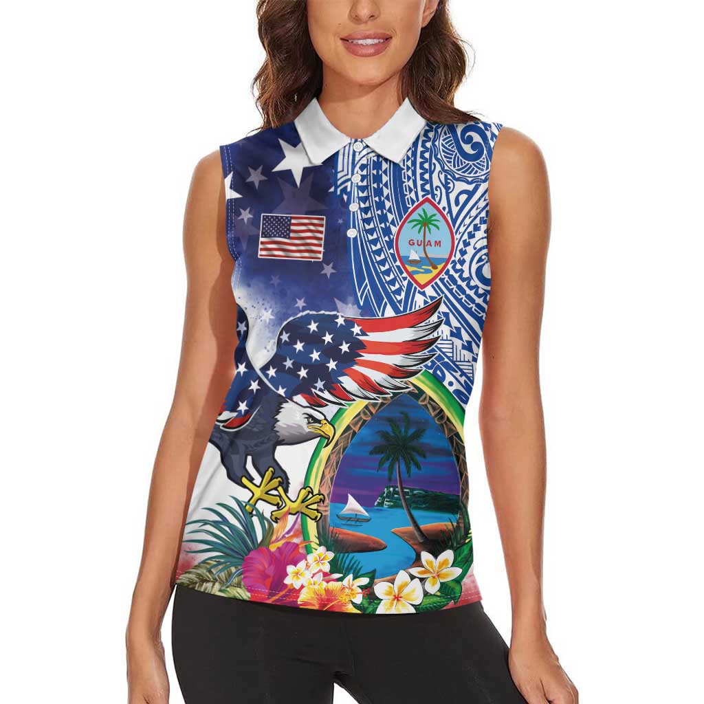 Guam and United States Together Women Sleeveless Polo Shirt Bald Eagle and Guam Seal with Flower and Tribal Tattoos LT03 - Polynesian Pride