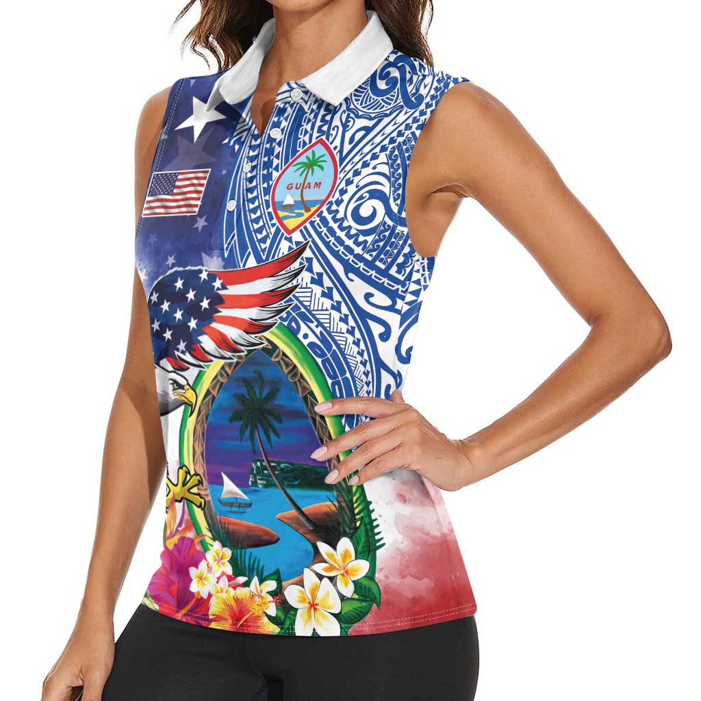 Guam and United States Together Women Sleeveless Polo Shirt Bald Eagle and Guam Seal with Flower and Tribal Tattoos LT03 - Polynesian Pride