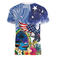 Guam and United States Together Women V-Neck T-Shirt Bald Eagle and Guam Seal with Flower and Tribal Tattoos LT03 - Polynesian Pride