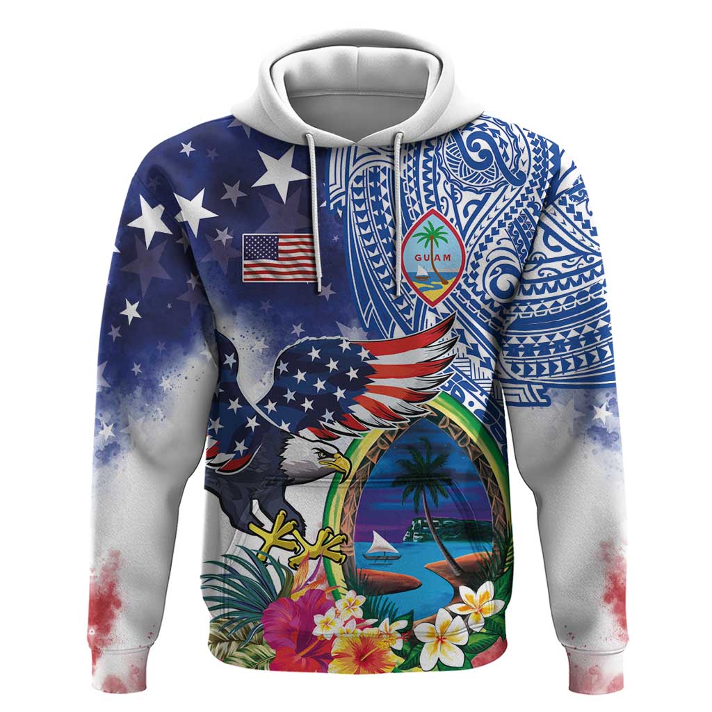 Guam and United States Together Zip Hoodie Bald Eagle and Guam Seal with Flower and Tribal Tattoos LT03 Pullover Hoodie Multicolor - Polynesian Pride