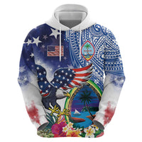 Guam and United States Together Zip Hoodie Bald Eagle and Guam Seal with Flower and Tribal Tattoos LT03 - Polynesian Pride