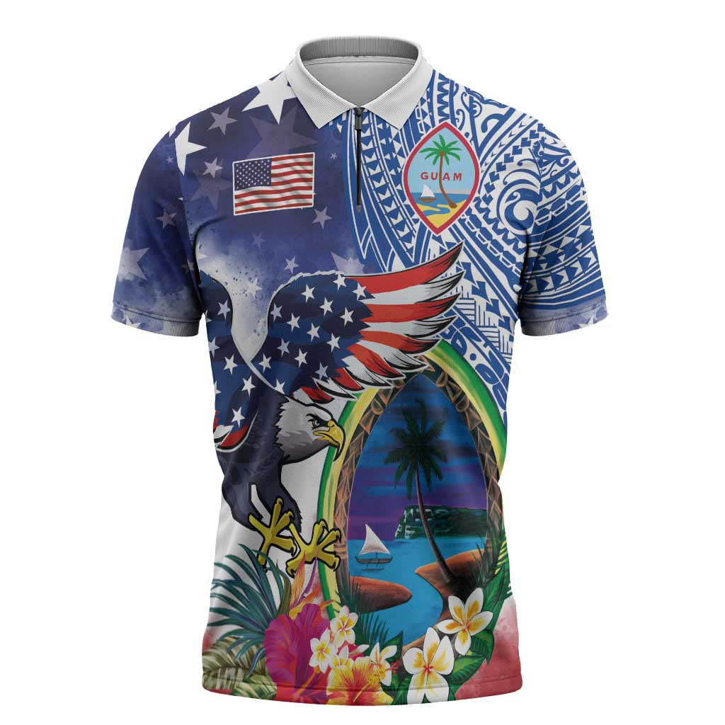 Guam and United States Together Zipper Polo Shirt Bald Eagle and Guam Seal with Flower and Tribal Tattoos - undefined
