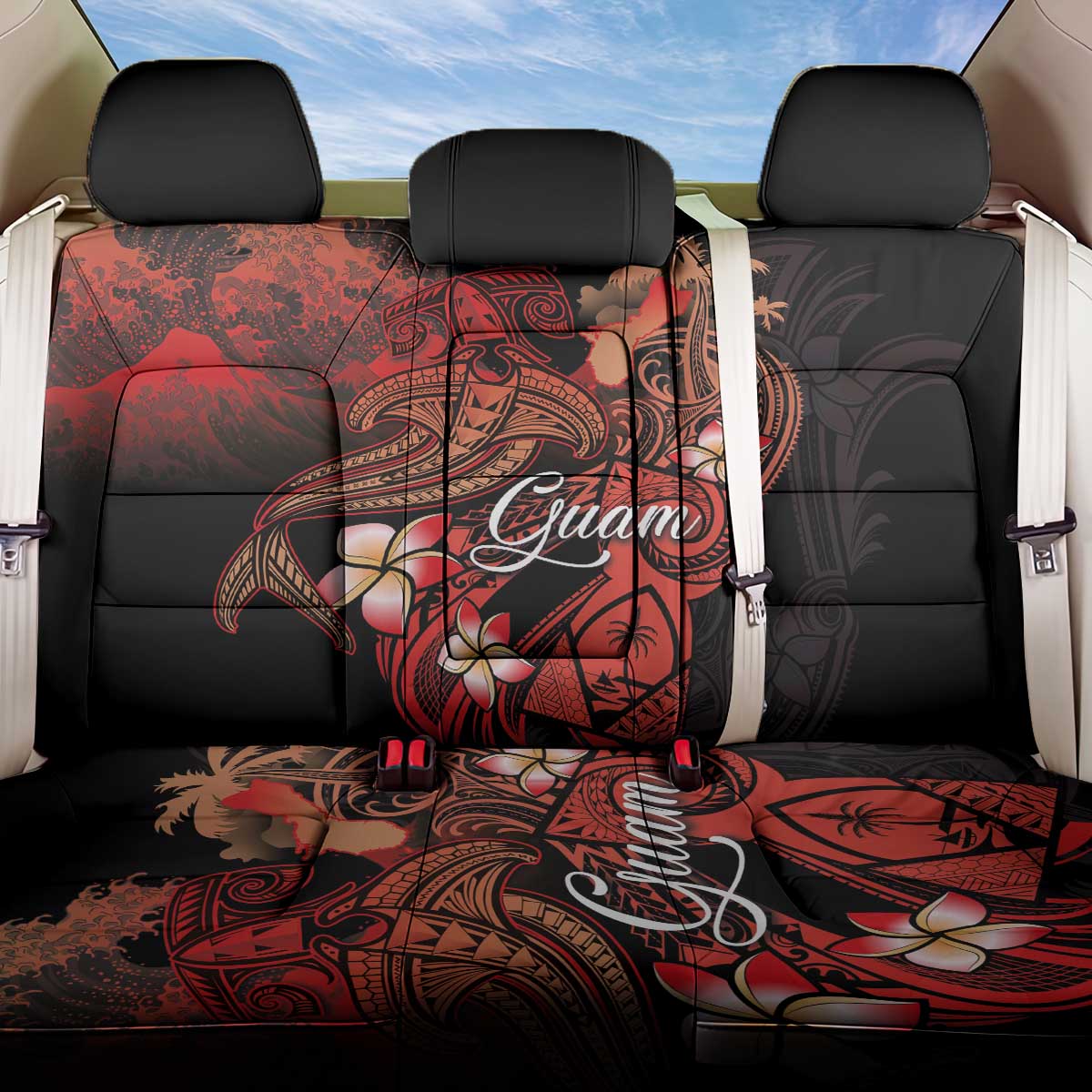Guam Tribal Chamorro Back Car Seat Cover Polynesian Shark with Plumeria and Sea Vibe LT03 One Size Black - Polynesian Pride