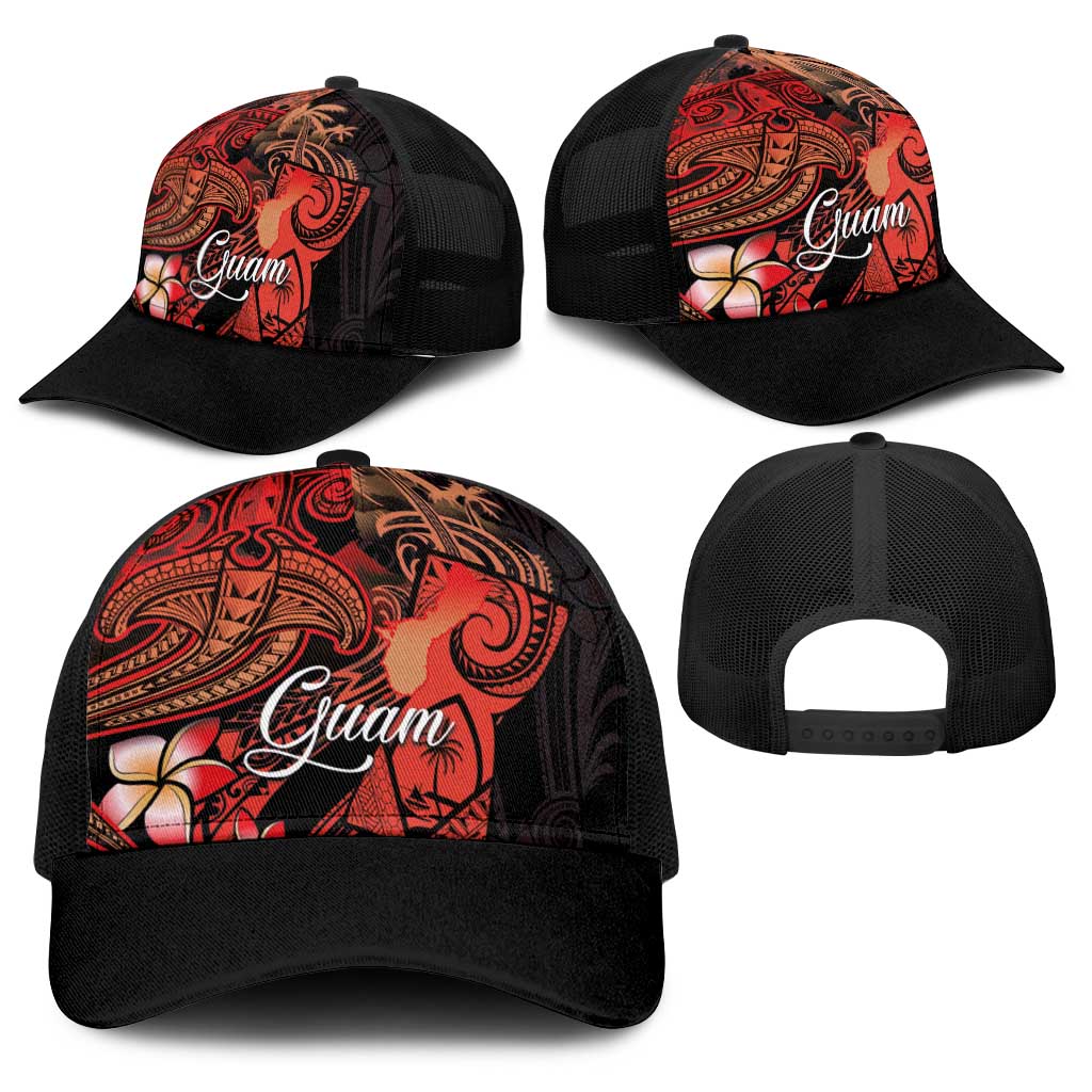 Guam Tribal Chamorro Baseball Net Cap Polynesian Shark with Plumeria and Sea Vibe - Polynesian Pride