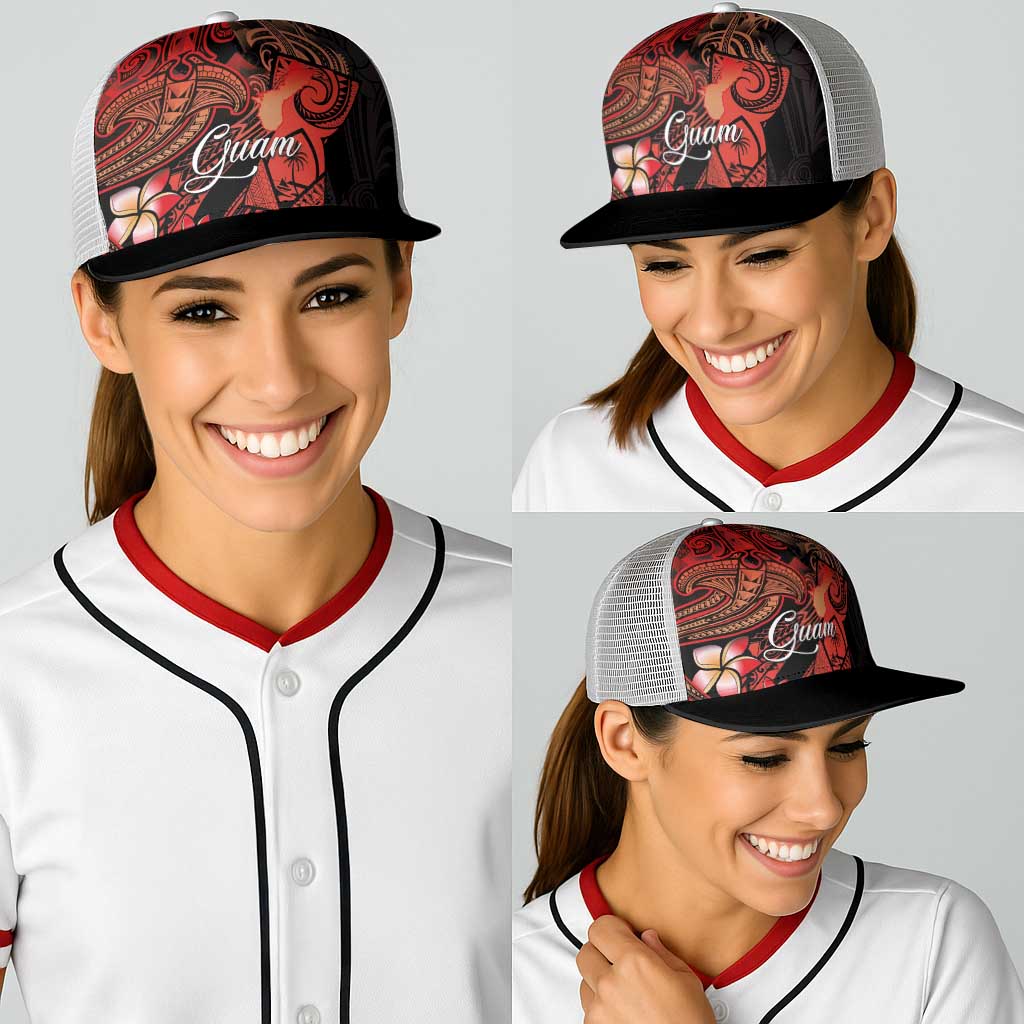 Guam Tribal Chamorro Baseball Net Cap Polynesian Shark with Plumeria and Sea Vibe - Polynesian Pride