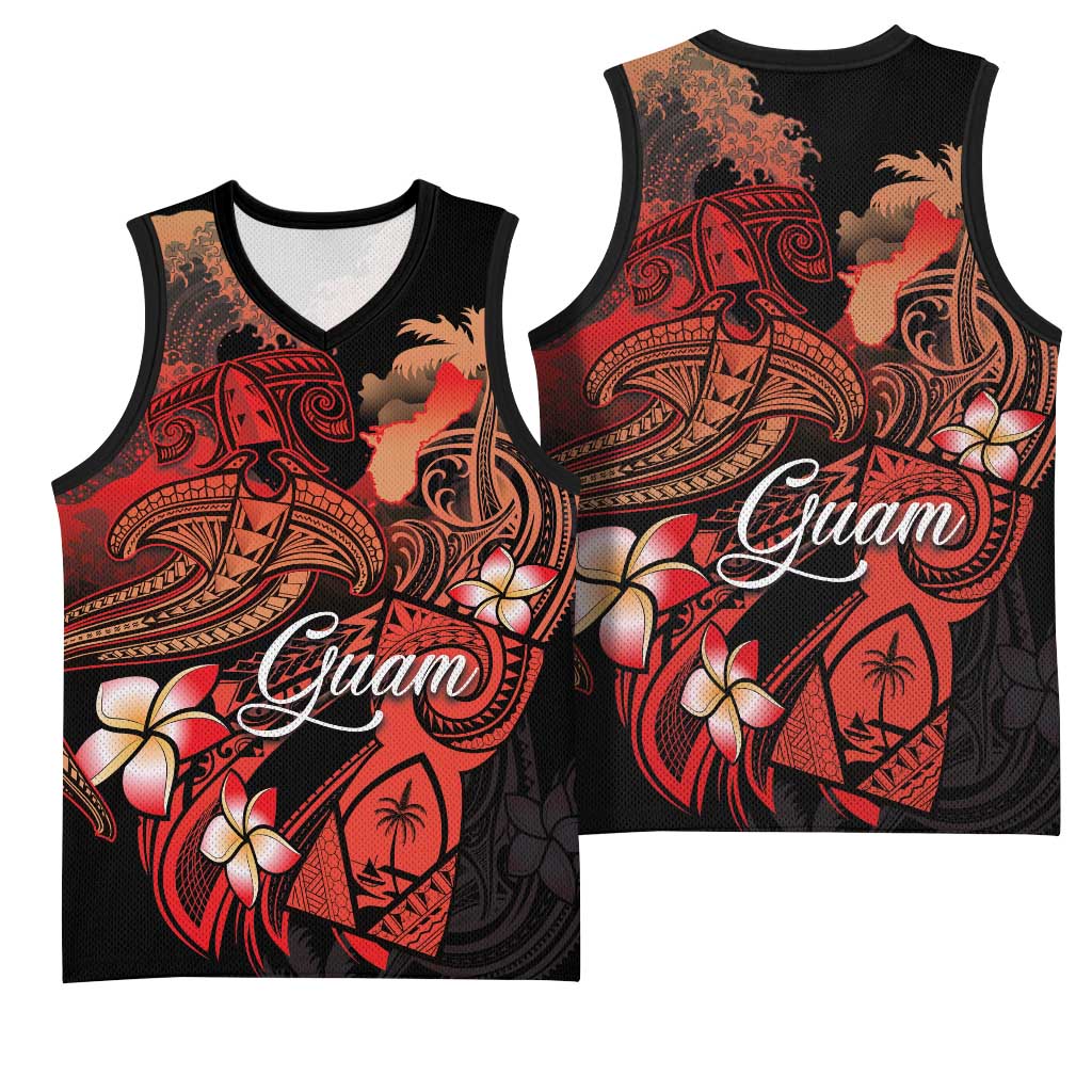 Guam Tribal Chamorro Basketball Jersey Polynesian Shark with Plumeria and Sea Vibe LT03 - Polynesian Pride
