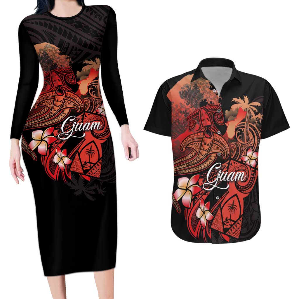 Guam Tribal Chamorro Couples Matching Long Sleeve Bodycon Dress and Hawaiian Shirt Polynesian Shark with Plumeria and Sea Vibe LT03 Black - Polynesian Pride