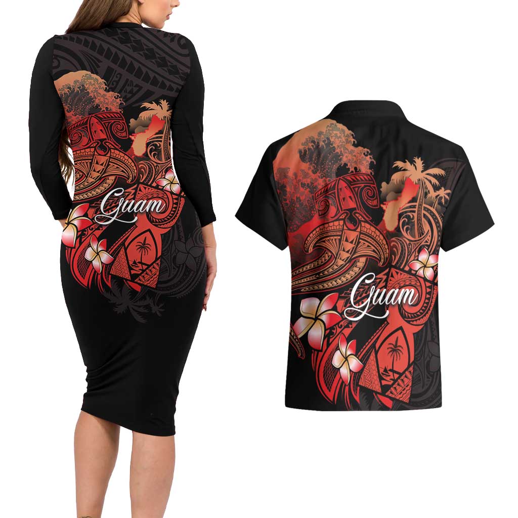Guam Tribal Chamorro Couples Matching Long Sleeve Bodycon Dress and Hawaiian Shirt Polynesian Shark with Plumeria and Sea Vibe LT03 - Polynesian Pride