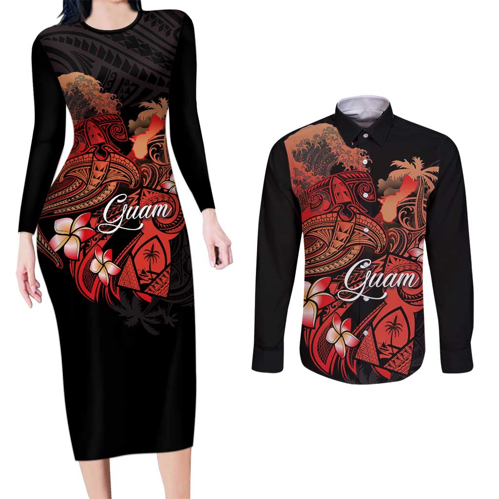 Guam Tribal Chamorro Couples Matching Long Sleeve Bodycon Dress and Long Sleeve Button Shirt Polynesian Shark with Plumeria and Sea Vibe LT03 Black - Polynesian Pride