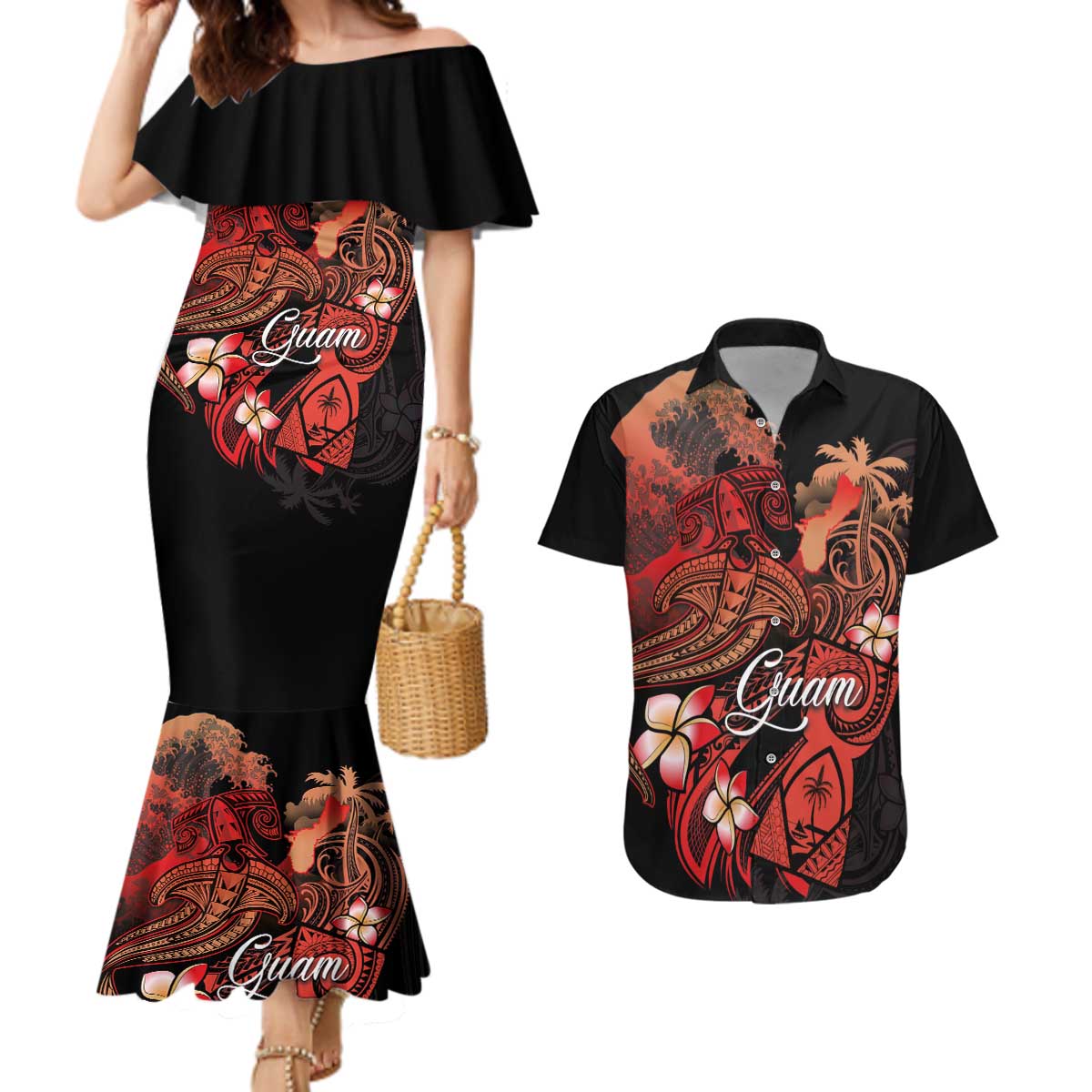 Guam Tribal Chamorro Couples Matching Mermaid Dress and Hawaiian Shirt Polynesian Shark with Plumeria and Sea Vibe - Polynesian Pride