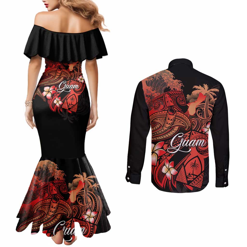 Guam Tribal Chamorro Couples Matching Mermaid Dress and Long Sleeve Button Shirt Polynesian Shark with Plumeria and Sea Vibe LT03 - Polynesian Pride