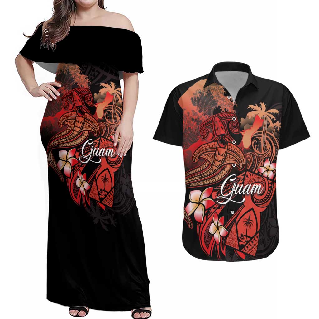 Guam Tribal Chamorro Couples Matching Off Shoulder Maxi Dress and Hawaiian Shirt Polynesian Shark with Plumeria and Sea Vibe LT03 Black - Polynesian Pride