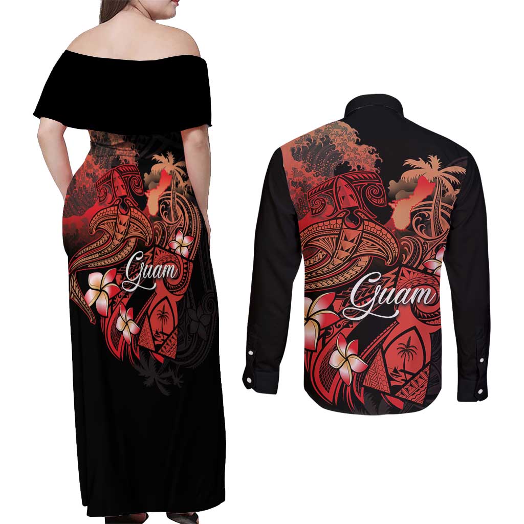 Guam Tribal Chamorro Couples Matching Off Shoulder Maxi Dress and Long Sleeve Button Shirt Polynesian Shark with Plumeria and Sea Vibe LT03 - Polynesian Pride