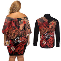 Guam Tribal Chamorro Couples Matching Off Shoulder Short Dress and Long Sleeve Button Shirt Polynesian Shark with Plumeria and Sea Vibe LT03 - Polynesian Pride