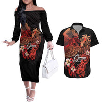 Guam Tribal Chamorro Couples Matching Off The Shoulder Long Sleeve Dress and Hawaiian Shirt Polynesian Shark with Plumeria and Sea Vibe LT03 Black - Polynesian Pride
