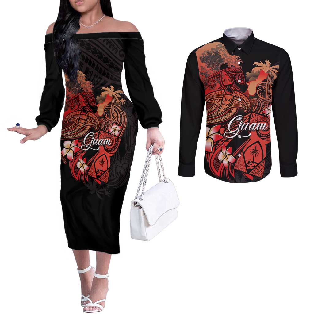 Guam Tribal Chamorro Couples Matching Off The Shoulder Long Sleeve Dress and Long Sleeve Button Shirt Polynesian Shark with Plumeria and Sea Vibe LT03 Black - Polynesian Pride