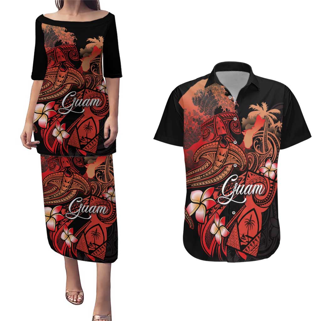 Guam Tribal Chamorro Couples Matching Puletasi and Hawaiian Shirt Polynesian Shark with Plumeria and Sea Vibe - Polynesian Pride