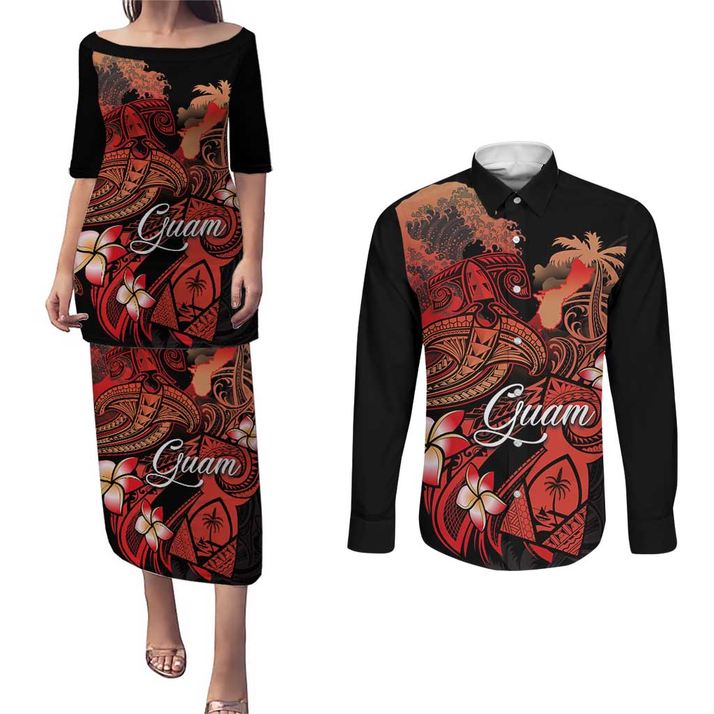 Guam Tribal Chamorro Couples Matching Puletasi and Long Sleeve Button Shirt Polynesian Shark with Plumeria and Sea Vibe LT03 Black - Polynesian Pride