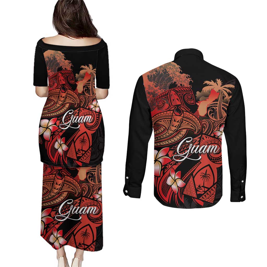 Guam Tribal Chamorro Couples Matching Puletasi and Long Sleeve Button Shirt Polynesian Shark with Plumeria and Sea Vibe LT03 - Polynesian Pride