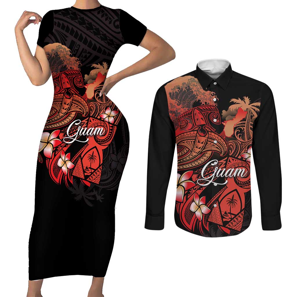 Guam Tribal Chamorro Couples Matching Short Sleeve Bodycon Dress and Long Sleeve Button Shirt Polynesian Shark with Plumeria and Sea Vibe LT03 Black - Polynesian Pride