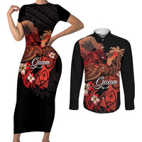 Guam Tribal Chamorro Couples Matching Short Sleeve Bodycon Dress and Long Sleeve Button Shirt Polynesian Shark with Plumeria and Sea Vibe LT03 Black - Polynesian Pride