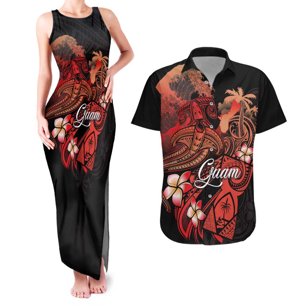 Guam Tribal Chamorro Couples Matching Tank Maxi Dress and Hawaiian Shirt Polynesian Shark with Plumeria and Sea Vibe - Polynesian Pride