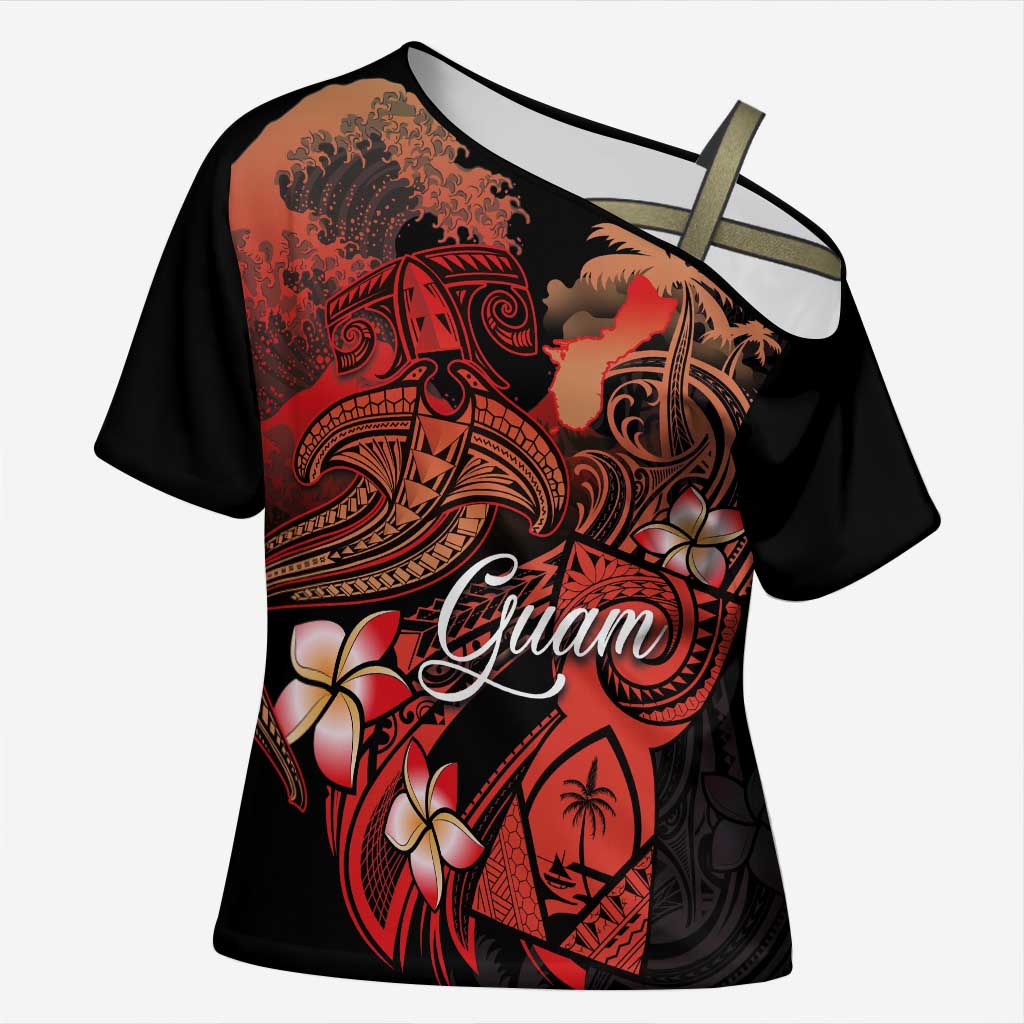 Guam Tribal Chamorro Cross Shoulder Shirt Polynesian Shark with Plumeria and Sea Vibe LT03 Female Black - Polynesian Pride